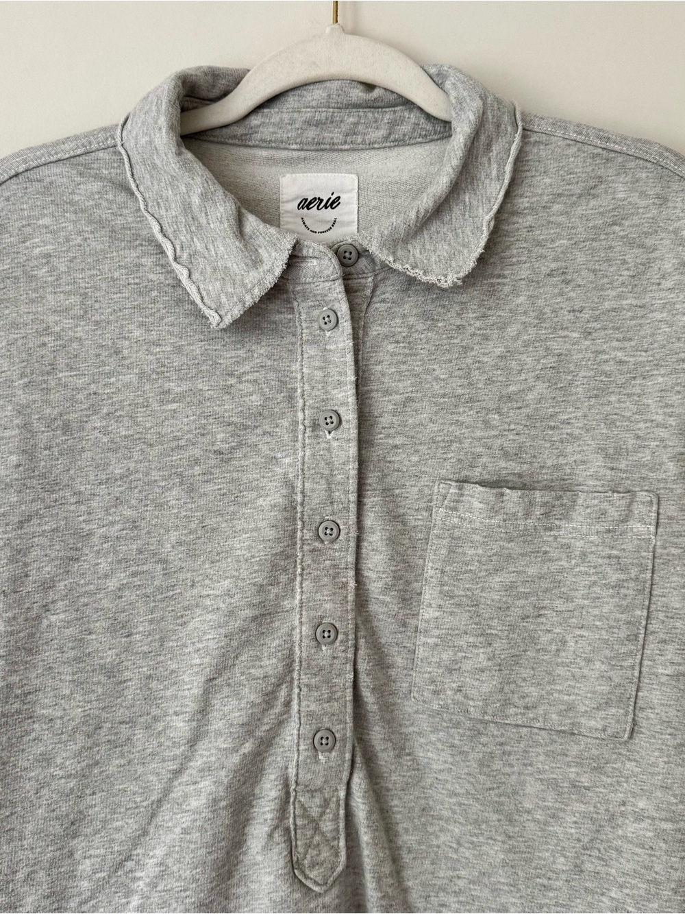 Aerie 100% Cotton Take It Easy Popover Polo Sweatshirt, Medium Heather Grey – M - Picture 3 of 8